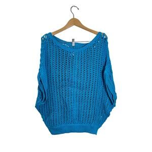 We The Free Blue Open Knit Crochet Sweater Pullover Cotton Size M NWT